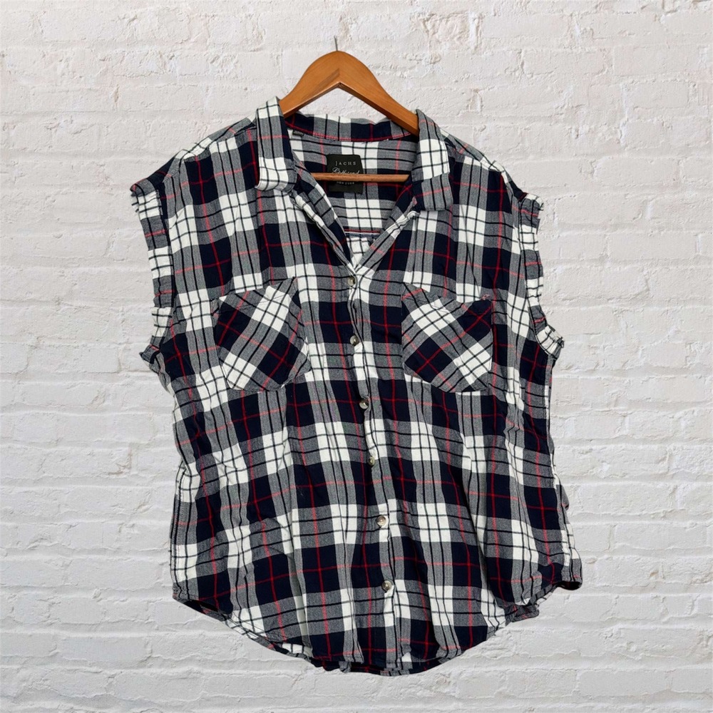 Jachs Girlfriend Womens XXL Plaid Sleeveless Button Down‎ Shirt Navy White Red